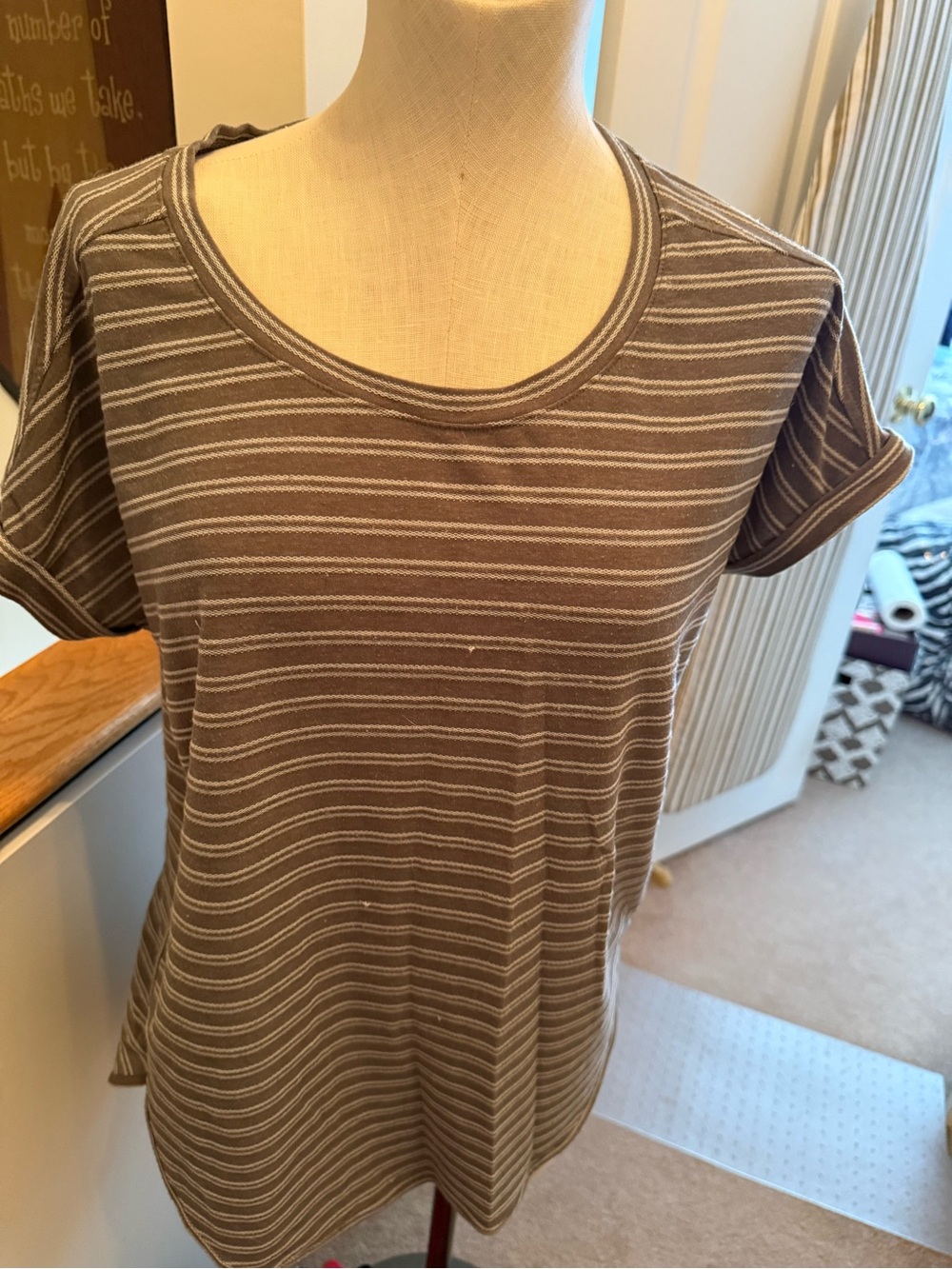 Sonoma Brown and Cream Striped Short Sleeve Scoop Neck Tee